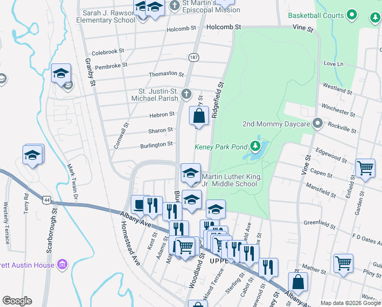 map of restaurants, bars, coffee shops, grocery stores, and more near 35 Canterbury Street in Hartford