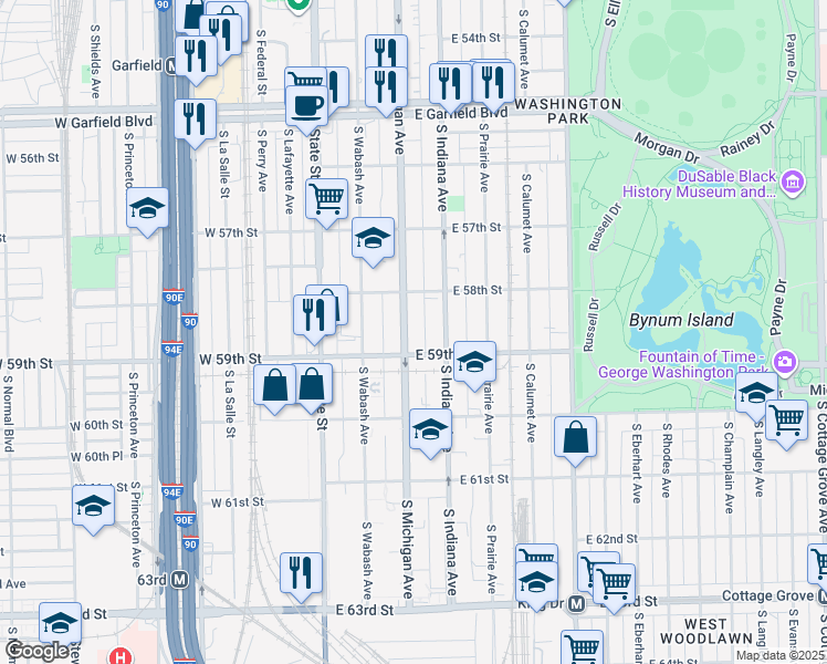 map of restaurants, bars, coffee shops, grocery stores, and more near 5824 South Michigan Avenue in Chicago
