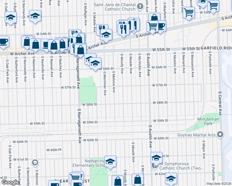 map of restaurants, bars, coffee shops, grocery stores, and more near 5723 South Melvina Avenue in Chicago