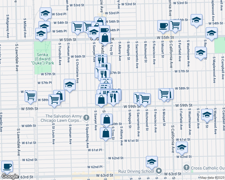 map of restaurants, bars, coffee shops, grocery stores, and more near W 58th St & S Troy St in Chicago