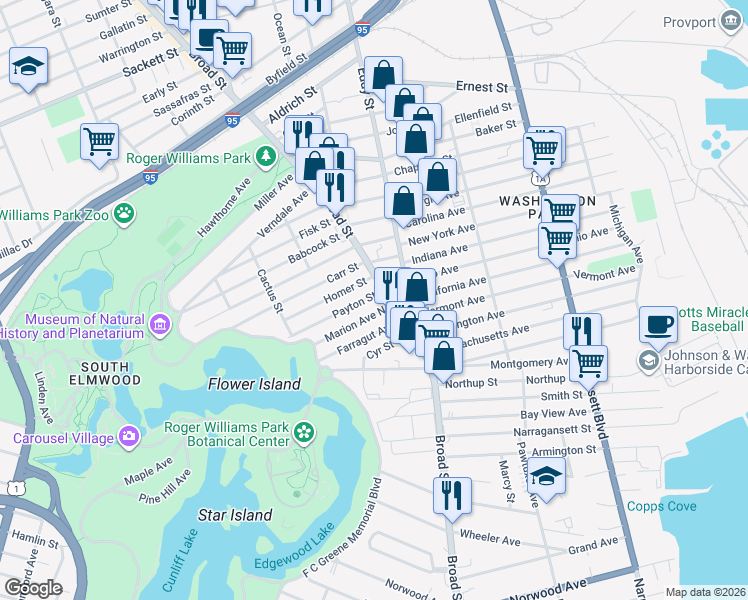 map of restaurants, bars, coffee shops, grocery stores, and more near 16 Homer Street in Providence