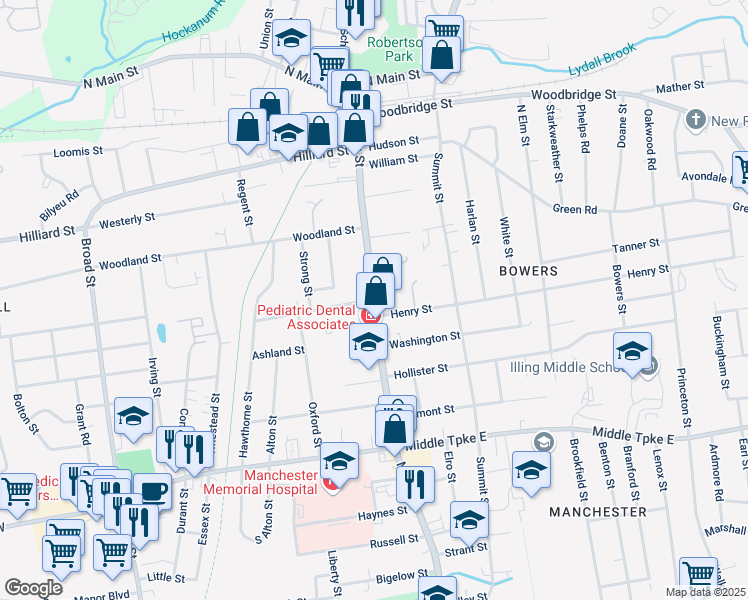 map of restaurants, bars, coffee shops, grocery stores, and more near 155 Main Street in Manchester
