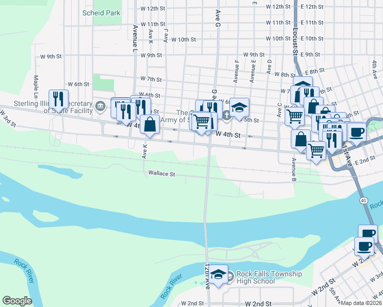 map of restaurants, bars, coffee shops, grocery stores, and more near 801A West 3rd Street in Sterling