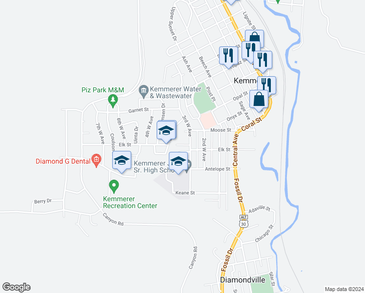 map of restaurants, bars, coffee shops, grocery stores, and more near 911 Elk Street in Kemmerer