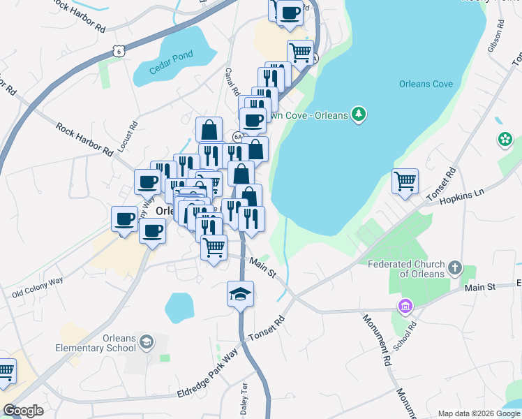 map of restaurants, bars, coffee shops, grocery stores, and more near 35C South Orleans Road in Orleans