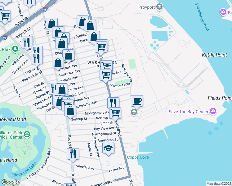 map of restaurants, bars, coffee shops, grocery stores, and more near 966 Narragansett Boulevard in Providence