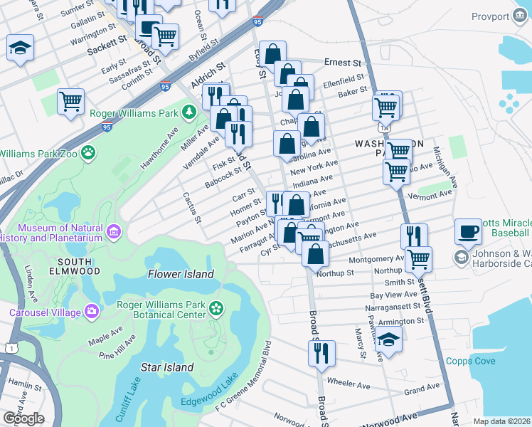 map of restaurants, bars, coffee shops, grocery stores, and more near 16 Homer Street in Providence