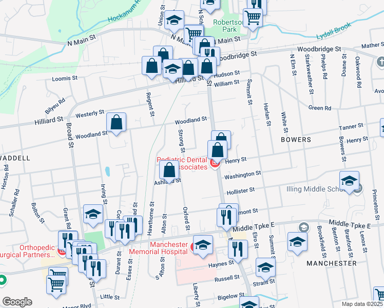 map of restaurants, bars, coffee shops, grocery stores, and more near 45 Strong Street in Manchester