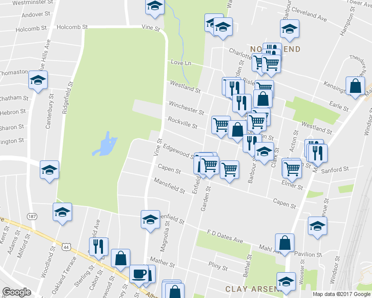 map of restaurants, bars, coffee shops, grocery stores, and more near 39 Vineland Terrace in Hartford