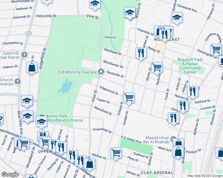 map of restaurants, bars, coffee shops, grocery stores, and more near 39 Vineland Terrace in Hartford