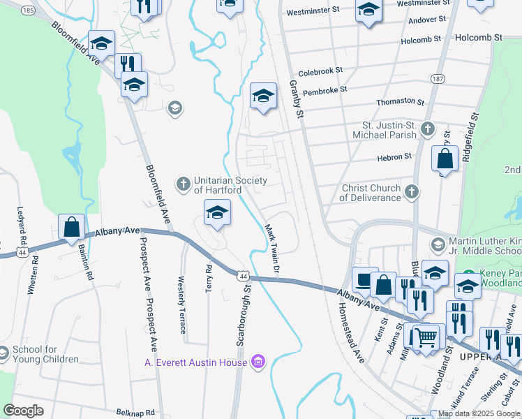 map of restaurants, bars, coffee shops, grocery stores, and more near 72-114 Mark Twain Drive in Hartford
