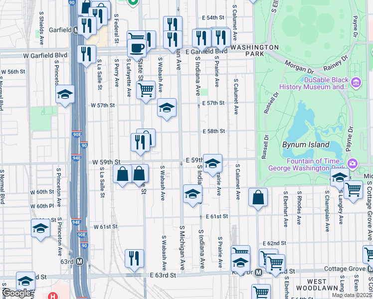 map of restaurants, bars, coffee shops, grocery stores, and more near 5824 South Michigan Avenue in Chicago