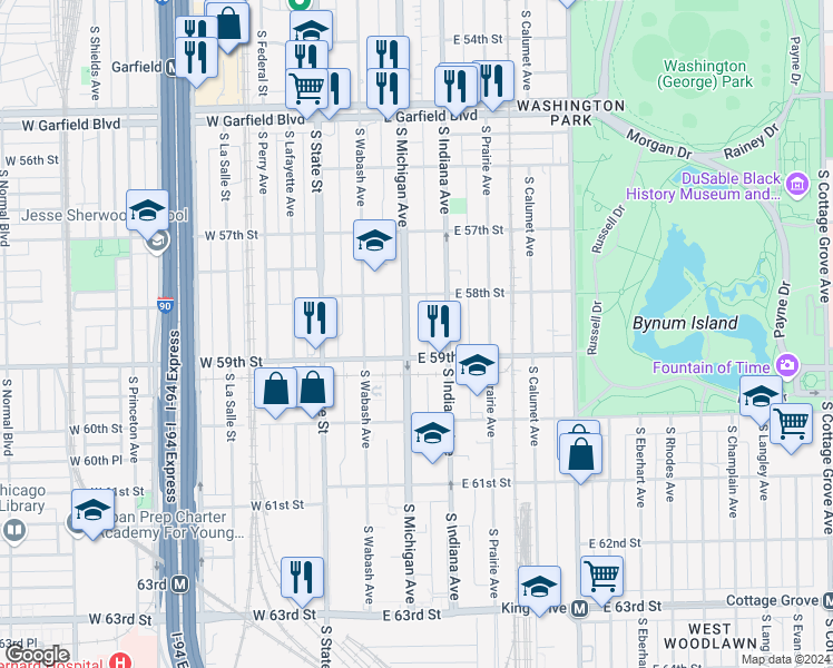map of restaurants, bars, coffee shops, grocery stores, and more near 5824 South Michigan Avenue in Chicago