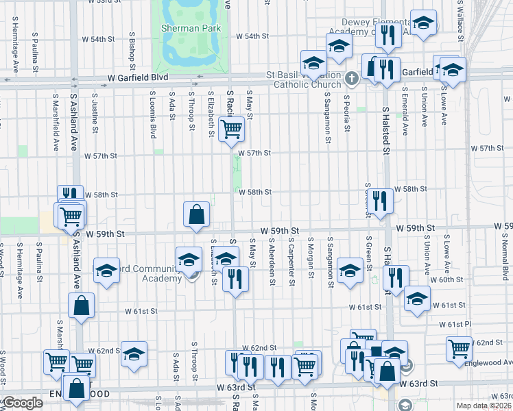 map of restaurants, bars, coffee shops, grocery stores, and more near 5806 South Aberdeen Street in Chicago
