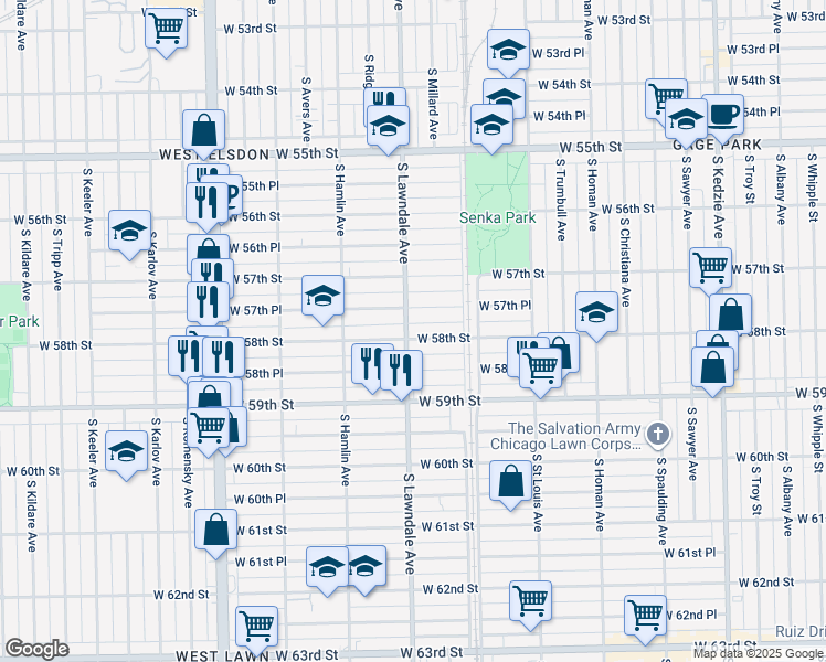 map of restaurants, bars, coffee shops, grocery stores, and more near 3653 West 57th Place in Chicago
