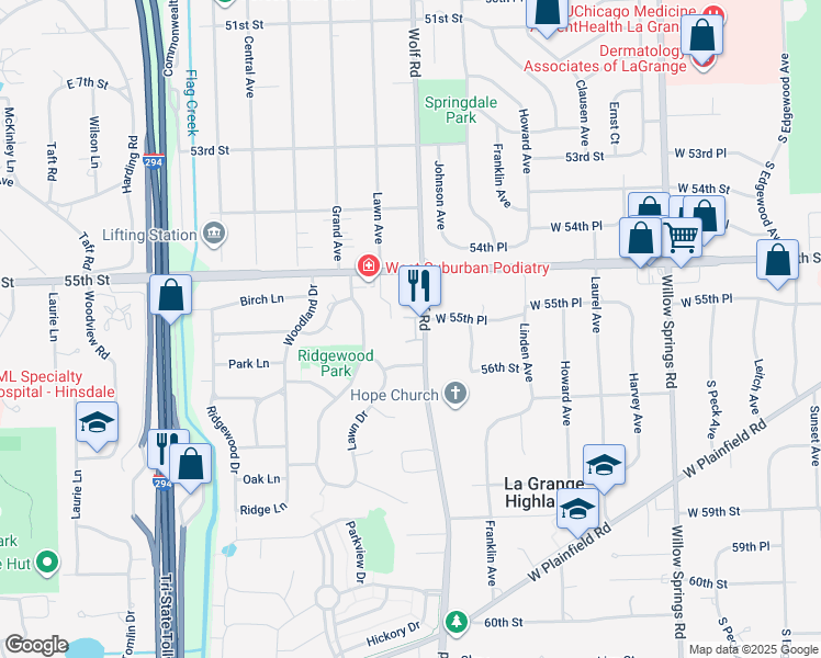 map of restaurants, bars, coffee shops, grocery stores, and more near 5529 Heritage Court in Western Springs