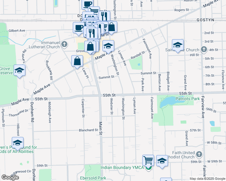 map of restaurants, bars, coffee shops, grocery stores, and more near 5412 Washington Street in Downers Grove