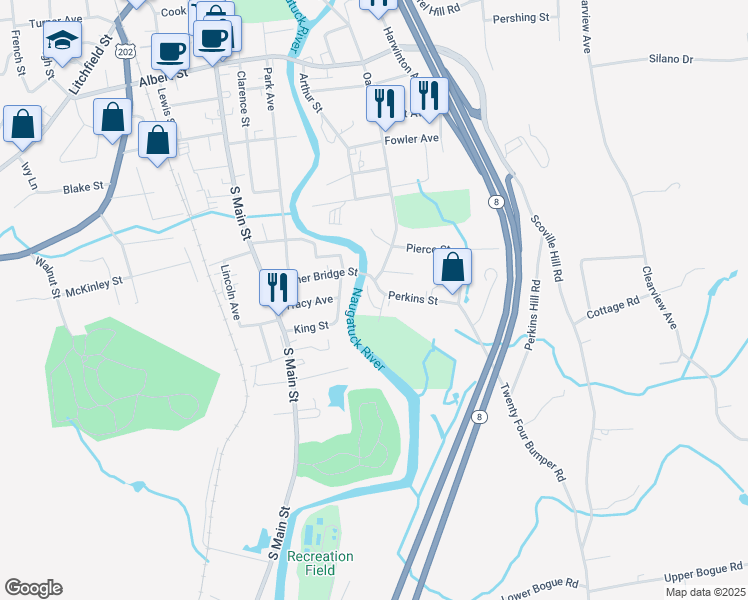 map of restaurants, bars, coffee shops, grocery stores, and more near 2 Perkins Street in Torrington