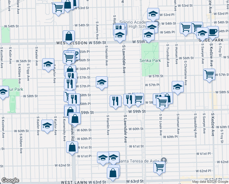 map of restaurants, bars, coffee shops, grocery stores, and more near 3733 West 57th Place in Chicago