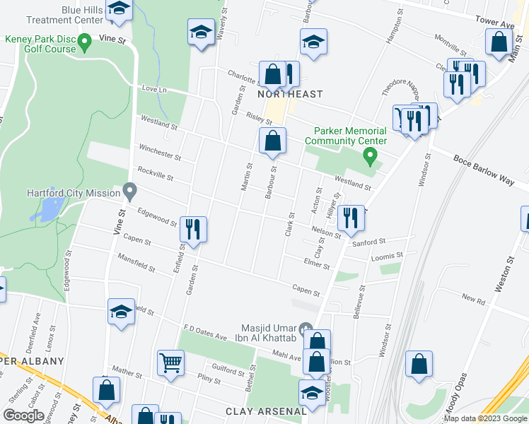 map of restaurants, bars, coffee shops, grocery stores, and more near 105 Barbour Street in Hartford