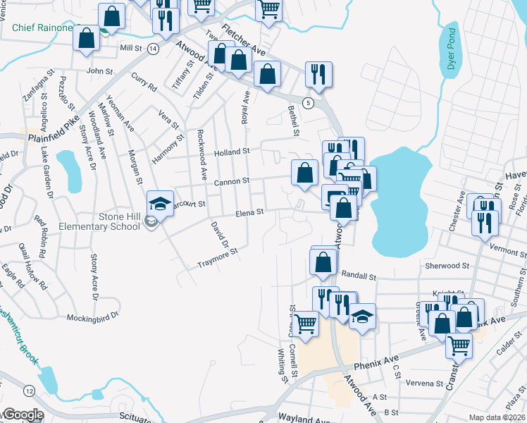 map of restaurants, bars, coffee shops, grocery stores, and more near 101 Elena Street in Cranston