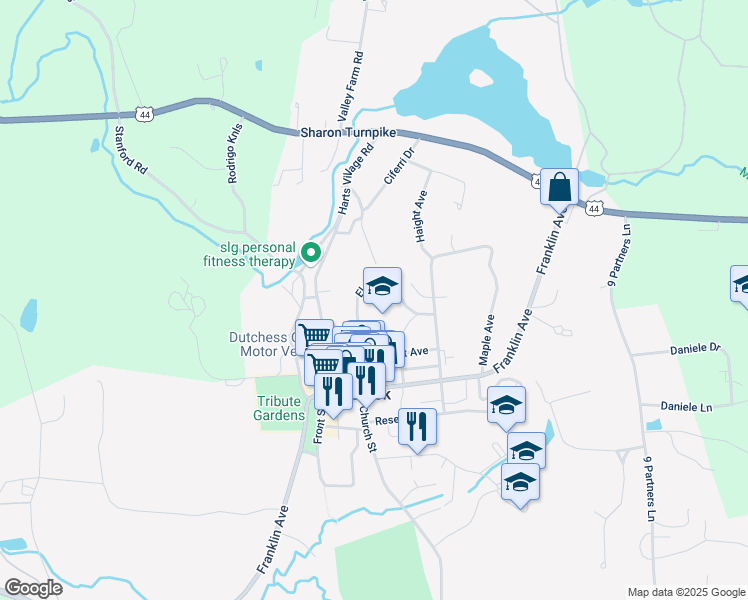 map of restaurants, bars, coffee shops, grocery stores, and more near 30 Elm Drive in Millbrook