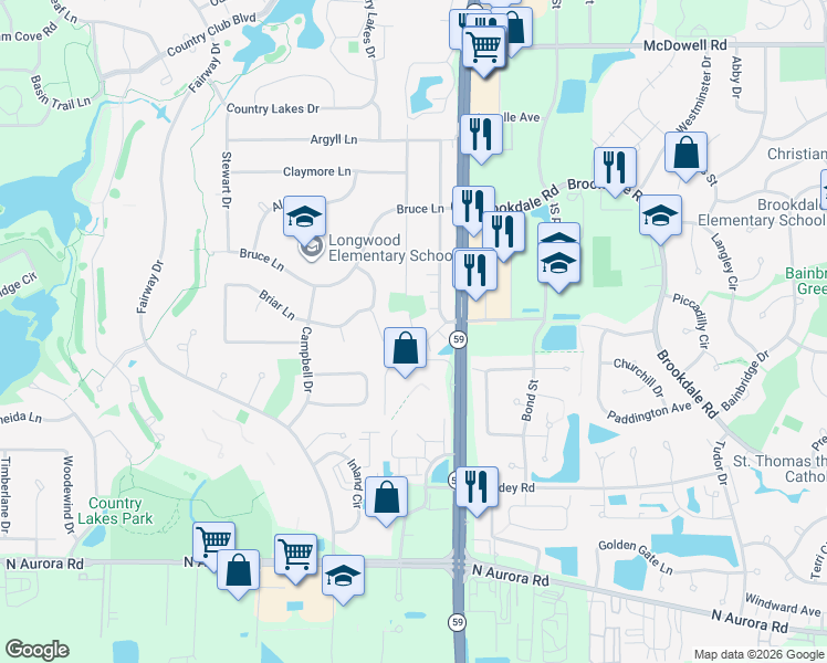 map of restaurants, bars, coffee shops, grocery stores, and more near 2 Paxton Drive in Naperville