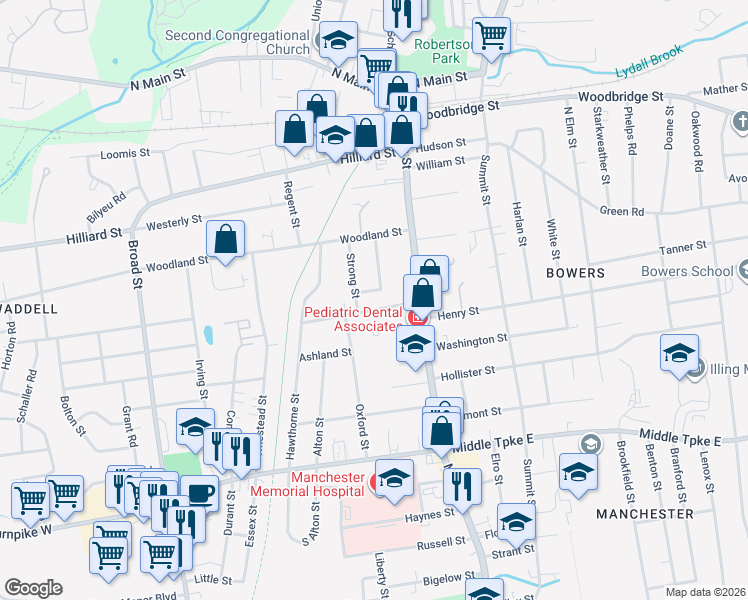 map of restaurants, bars, coffee shops, grocery stores, and more near 45 Strong Street in Manchester