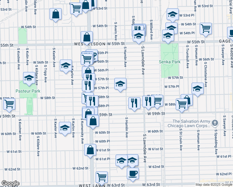 map of restaurants, bars, coffee shops, grocery stores, and more near 3826 West 58th Street in Chicago