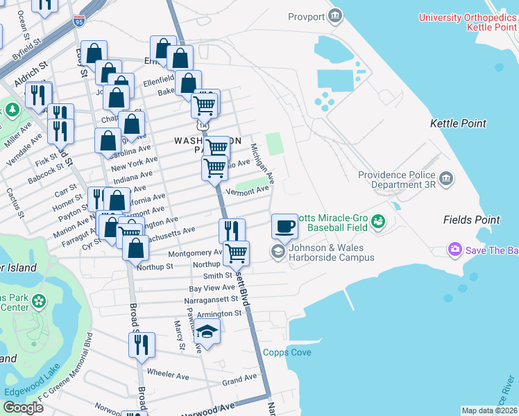 map of restaurants, bars, coffee shops, grocery stores, and more near 95 Massachusetts Avenue in Providence