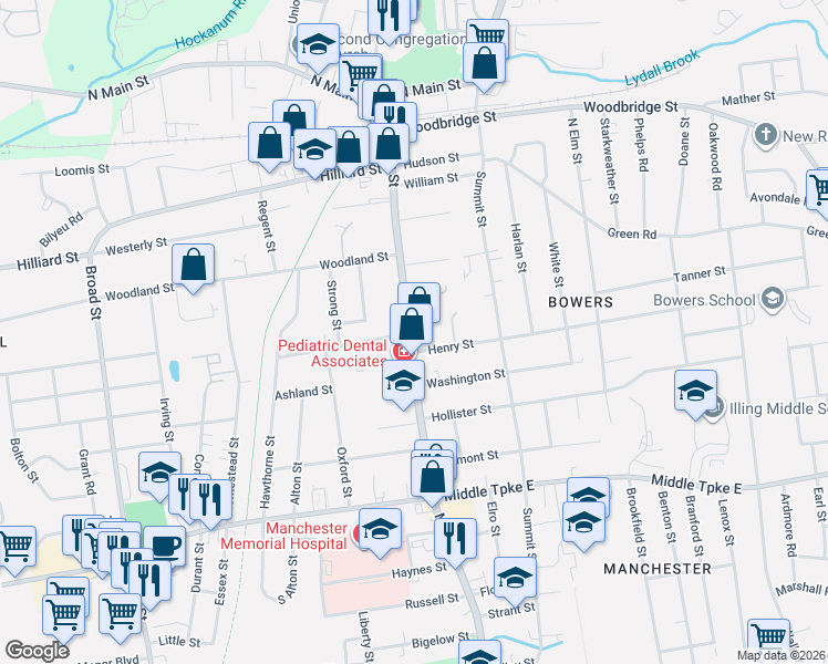 map of restaurants, bars, coffee shops, grocery stores, and more near 153 Main Street in Manchester