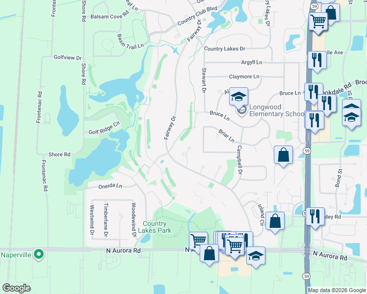 map of restaurants, bars, coffee shops, grocery stores, and more near 1117 Burke Court in Naperville