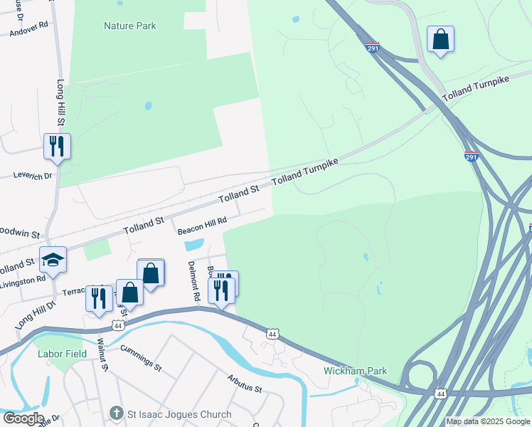 map of restaurants, bars, coffee shops, grocery stores, and more near 132 Beacon Hill Road in East Hartford