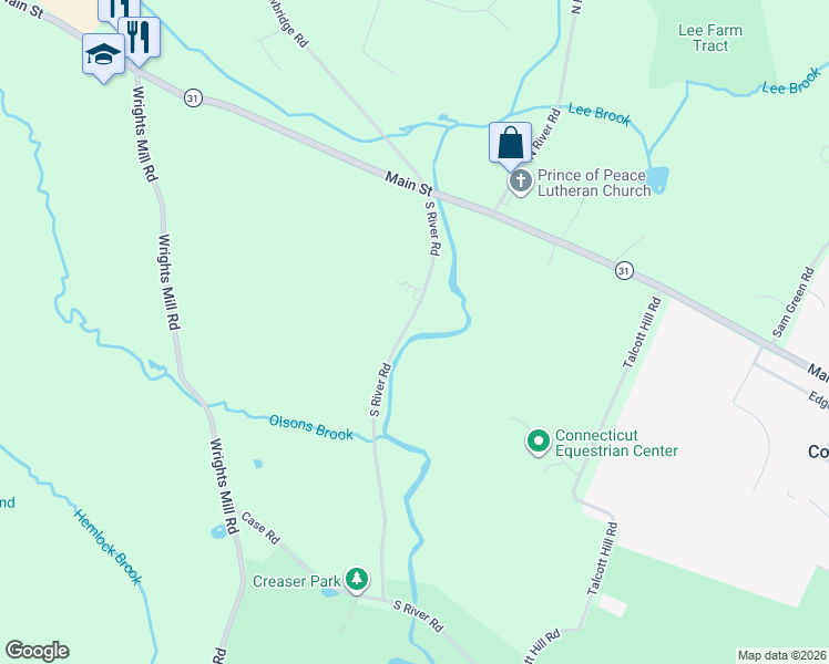 map of restaurants, bars, coffee shops, grocery stores, and more near 157 S River Rd in Coventry