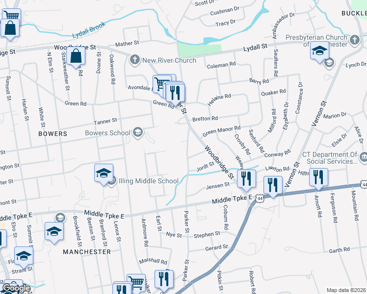 map of restaurants, bars, coffee shops, grocery stores, and more near 367 Parker Street in Manchester