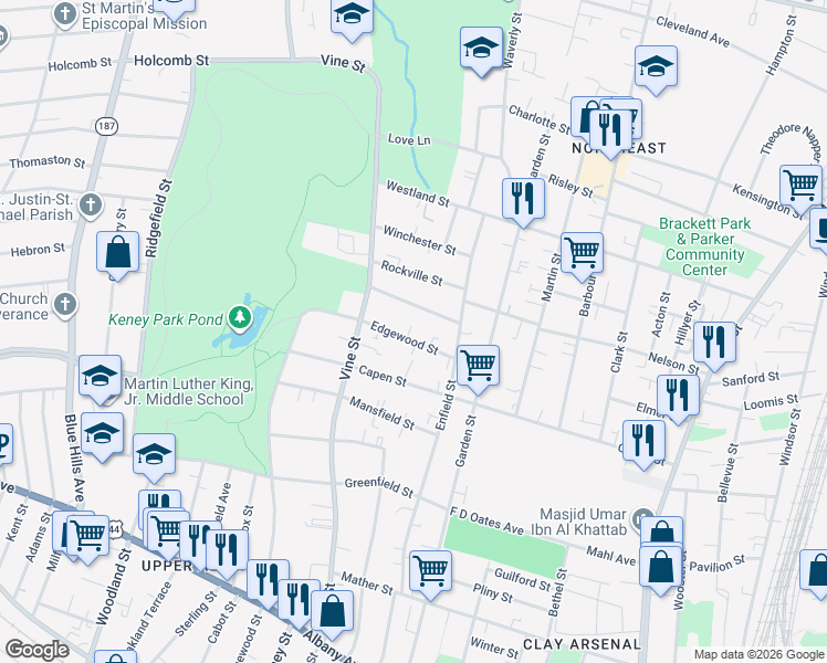 map of restaurants, bars, coffee shops, grocery stores, and more near 39 Vineland Terrace in Hartford