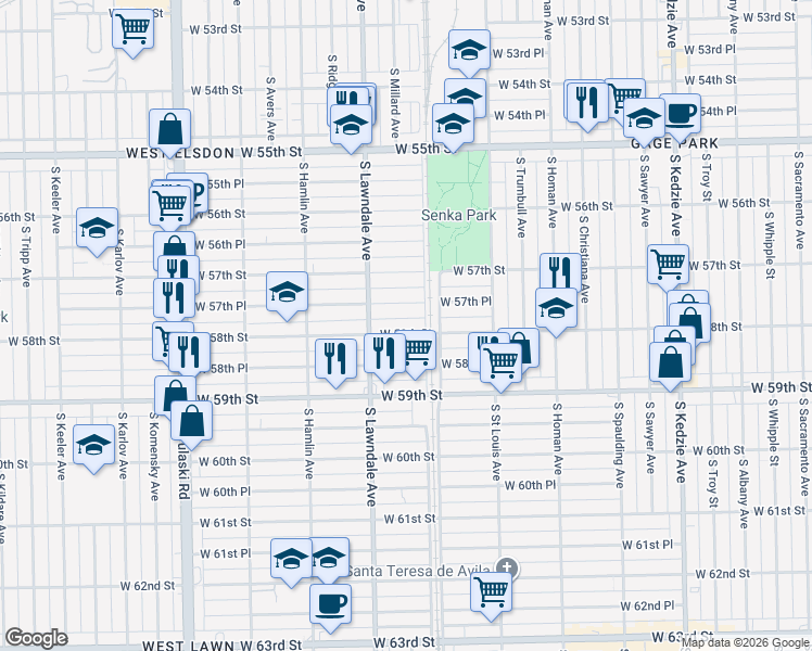 map of restaurants, bars, coffee shops, grocery stores, and more near 3615 West 57th Place in Chicago