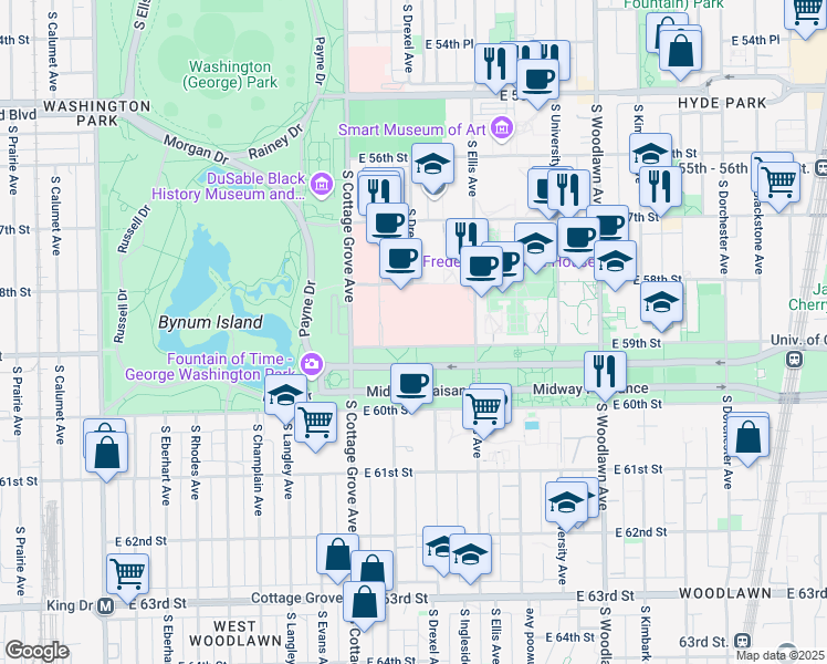 map of restaurants, bars, coffee shops, grocery stores, and more near 860 East 59th Street in Chicago