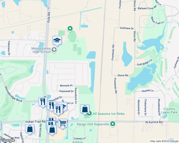 map of restaurants, bars, coffee shops, grocery stores, and more near 3144 Bennett Place in Aurora