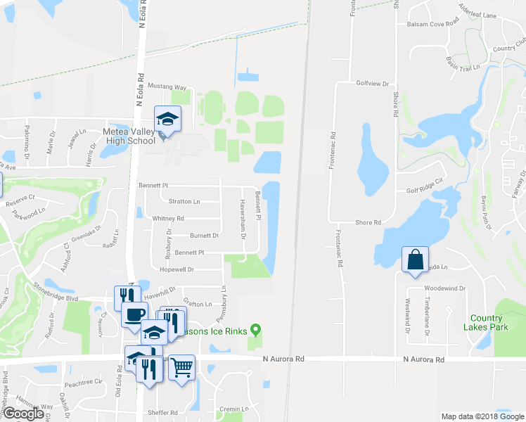 map of restaurants, bars, coffee shops, grocery stores, and more near 3144 Bennett Place in Aurora