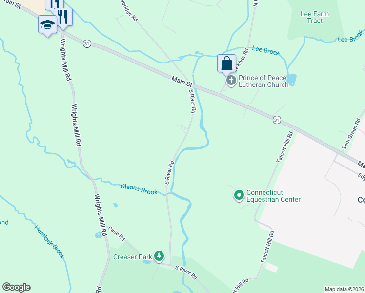 map of restaurants, bars, coffee shops, grocery stores, and more near 157 South River Road in Coventry