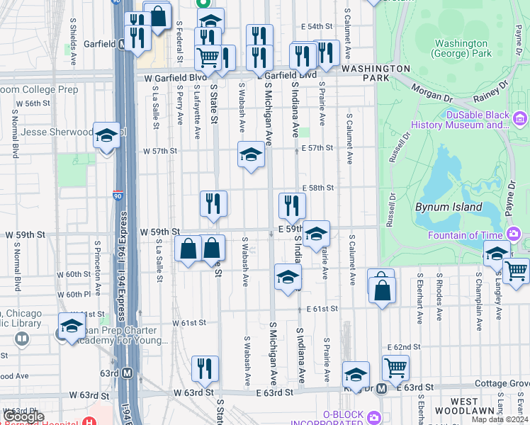 map of restaurants, bars, coffee shops, grocery stores, and more near 5832 South Michigan Avenue in Chicago