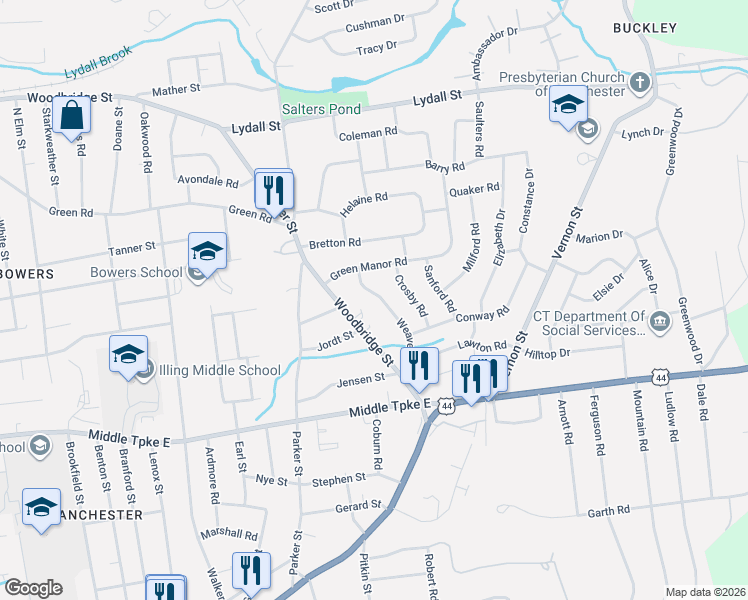 map of restaurants, bars, coffee shops, grocery stores, and more near 97 Weaver Road in Manchester