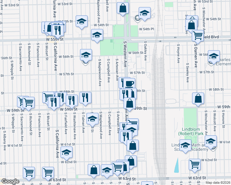 map of restaurants, bars, coffee shops, grocery stores, and more near 5758 South Artesian Avenue in Chicago