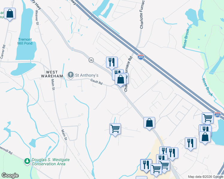 map of restaurants, bars, coffee shops, grocery stores, and more near 4 Gault Road in Wareham