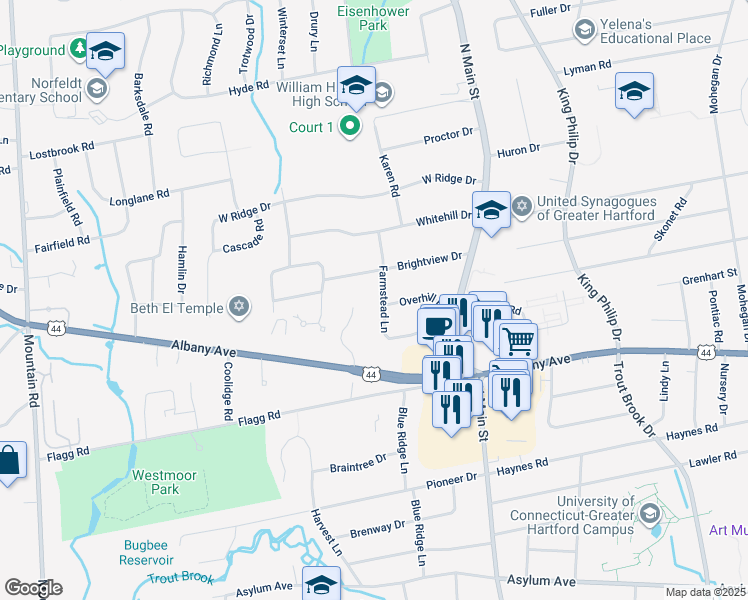 map of restaurants, bars, coffee shops, grocery stores, and more near 55 Farmstead Lane in West Hartford