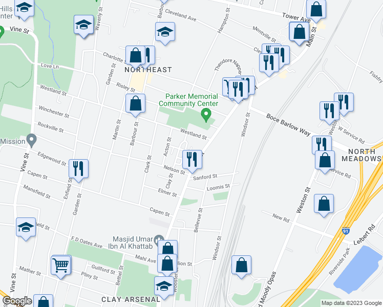 map of restaurants, bars, coffee shops, grocery stores, and more near 1 Alan Green Way in Hartford