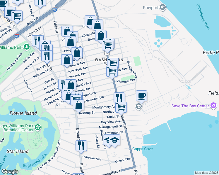 map of restaurants, bars, coffee shops, grocery stores, and more near 188 Vermont Avenue in Providence