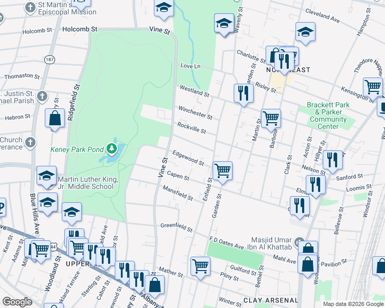 map of restaurants, bars, coffee shops, grocery stores, and more near 39 Vineland Terrace in Hartford