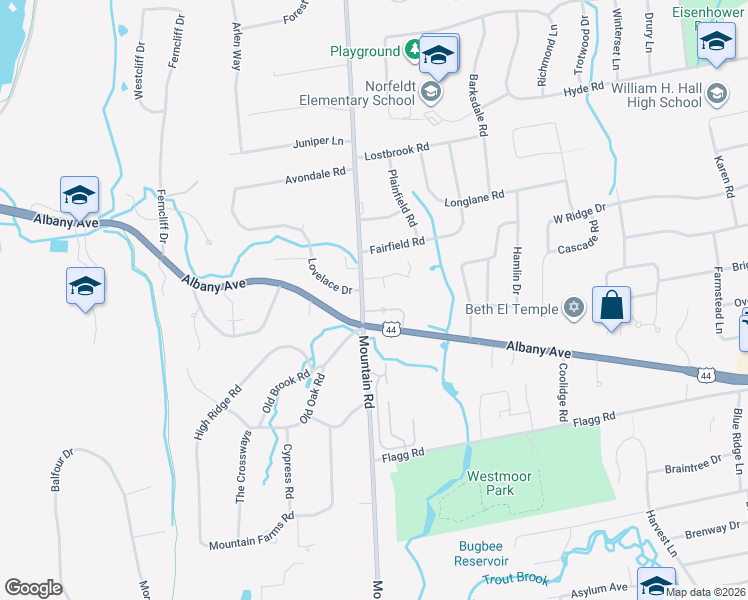 map of restaurants, bars, coffee shops, grocery stores, and more near 3 Lovelace Drive in West Hartford